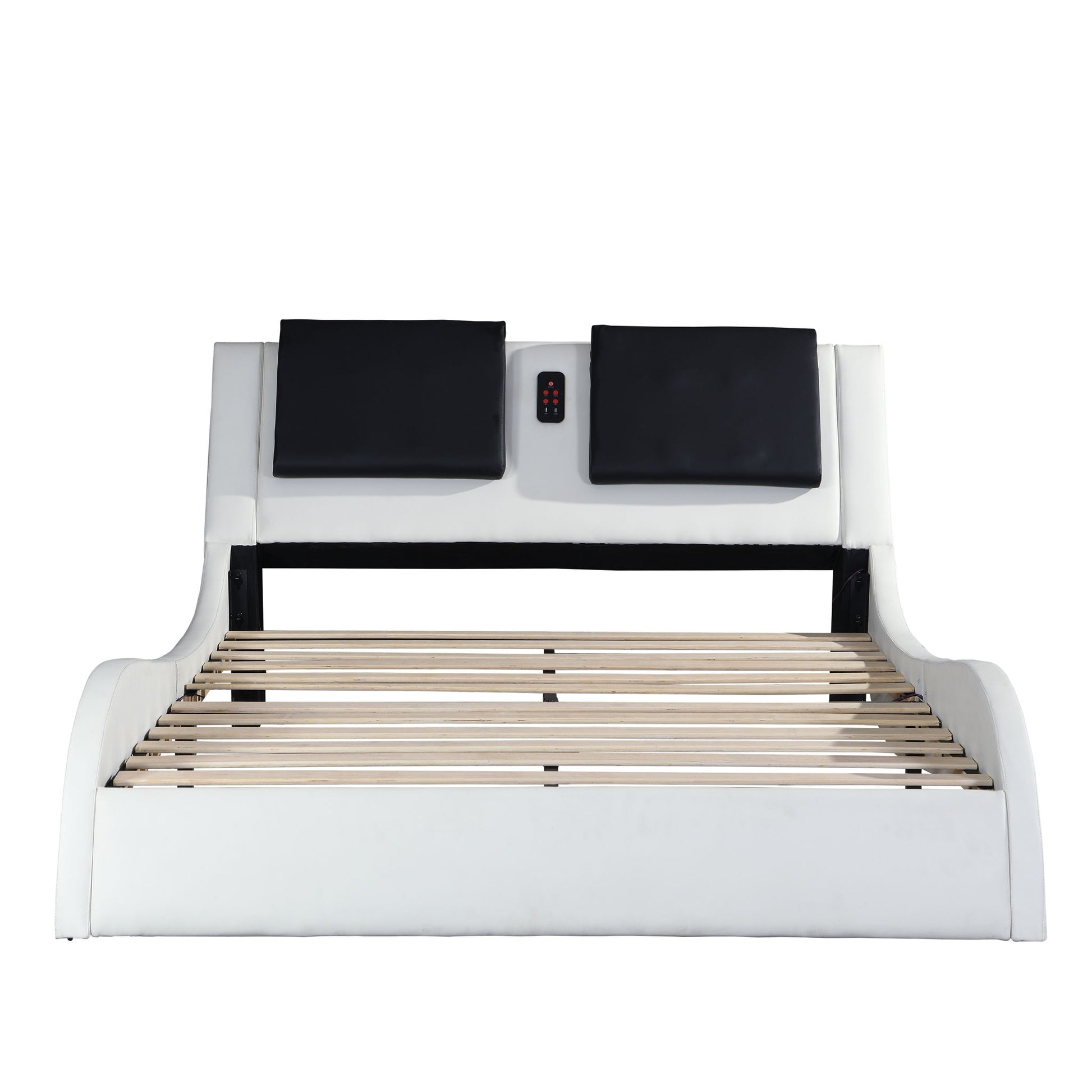 Upholstered Platform Bed Frame With LED Lighting, Bluetooth Connection To Play Music Control, Backrest Vibration Massage, Curve Design, Wood Slat Support, Exhibited Speakers - The Sleep Loft - Online Mattress Showroom NYC