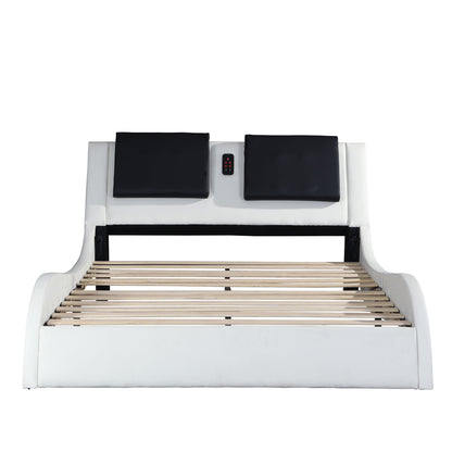 Upholstered Platform Bed Frame With LED Lighting, Bluetooth Connection To Play Music Control, Backrest Vibration Massage, Curve Design, Wood Slat Support, Exhibited Speakers - The Sleep Loft - Online Mattress Showroom NYC