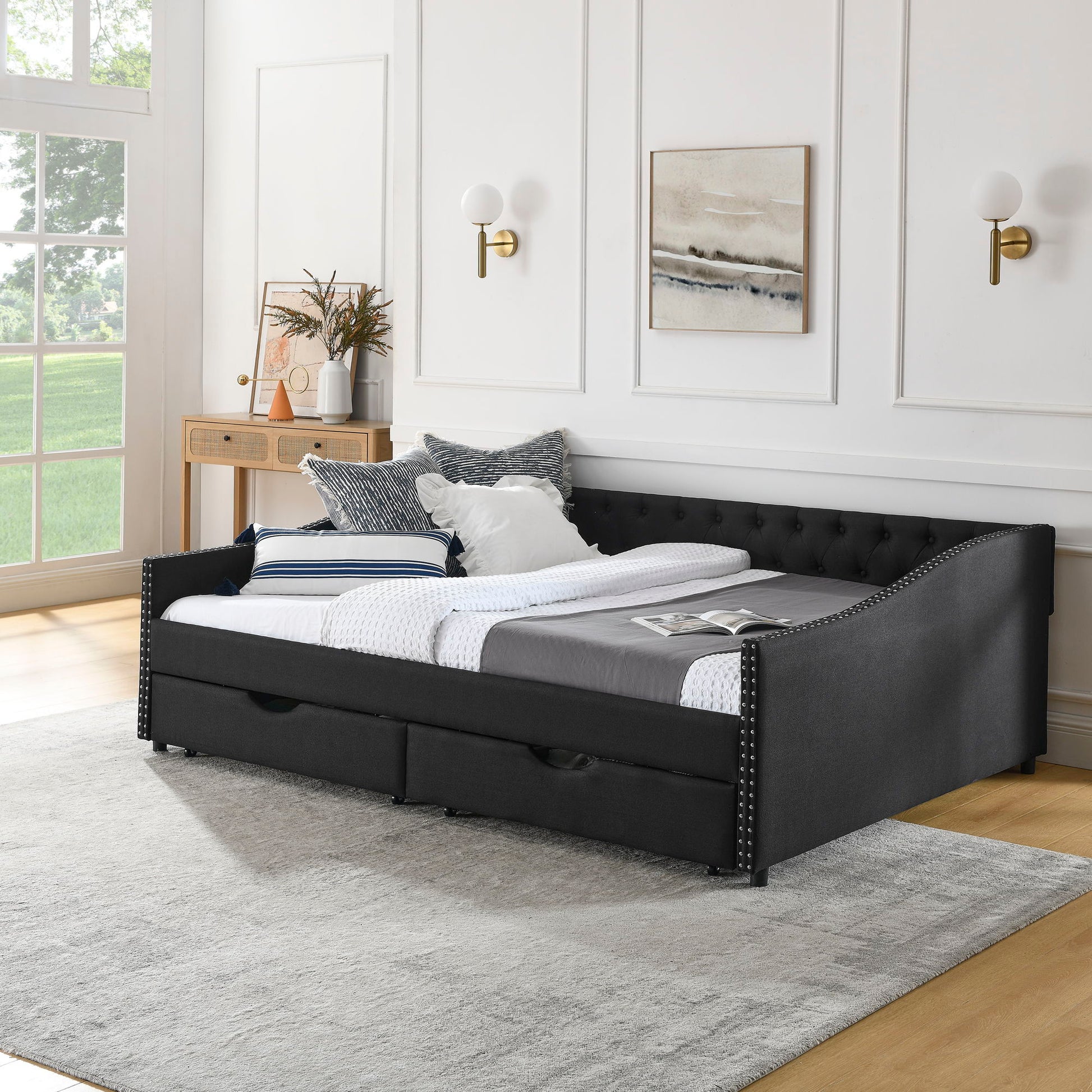 Upholstered Tufted Daybed With 2 Drawers, Waved Arms - The Sleep Loft - Online Mattress Showroom NYC