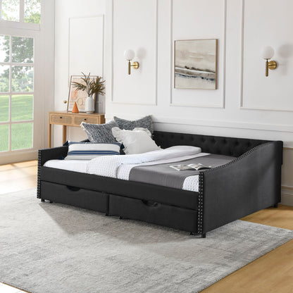 Upholstered Tufted Daybed With 2 Drawers, Waved Arms - The Sleep Loft - Online Mattress Showroom NYC