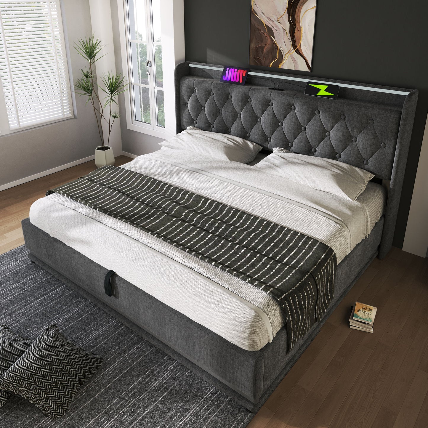 Upholstered Bed, 360 Surround LED Function, Remote Control, Hydraulic Storage Bed With USB, Type-C Charging (Without Mattress) - The Sleep Loft - Online Mattress Showroom NYC