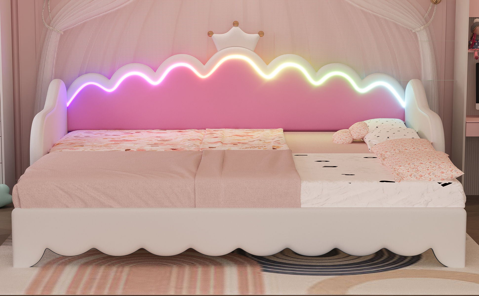 Extending Daybed With LED Lights, Modern Upholstered Princess Daybed With Crown Headboard - The Sleep Loft - Online Mattress Showroom NYC