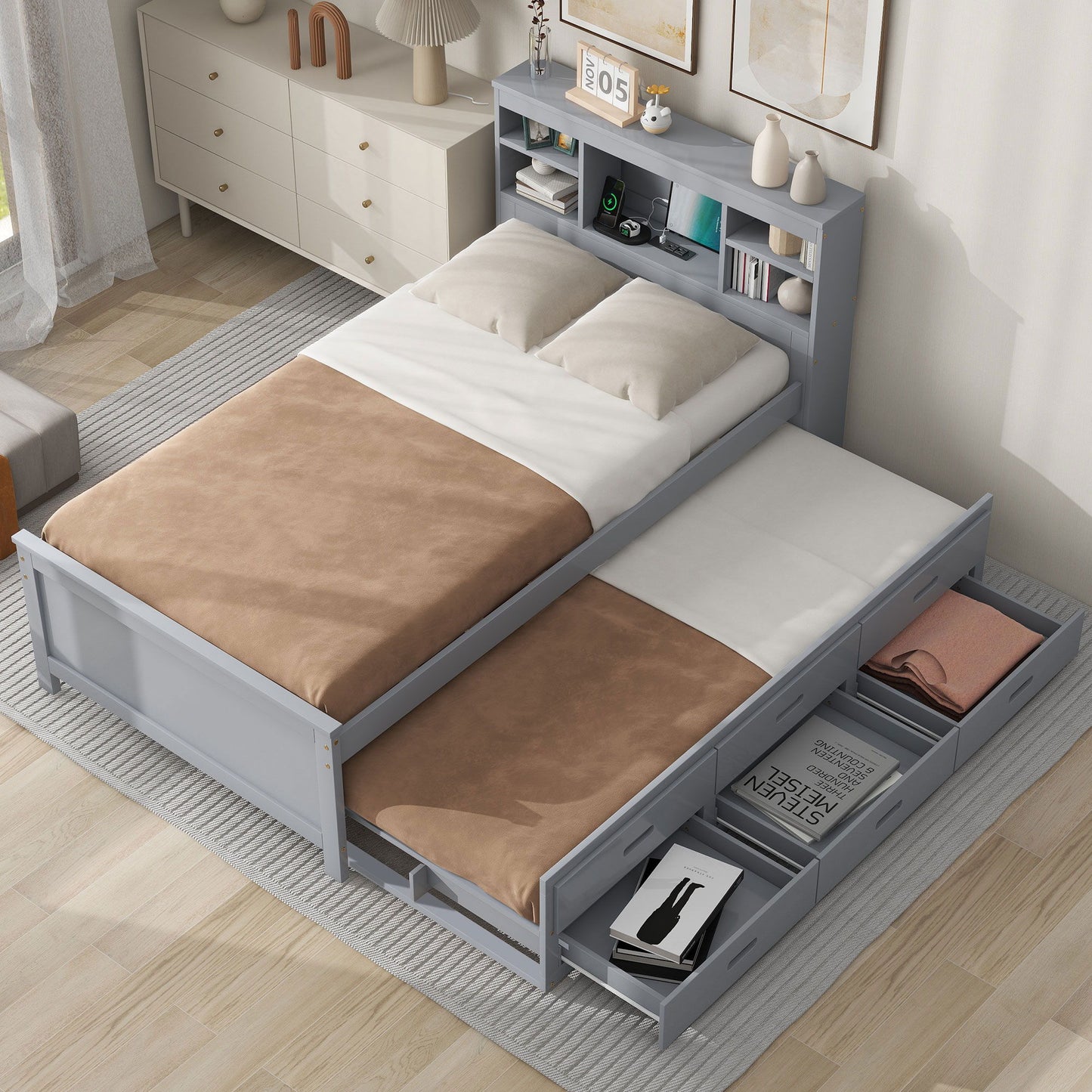 Platform Bed With Storage Headboard, USB, Trundle And 3 Drawers - The Sleep Loft - Online Mattress Showroom NYC
