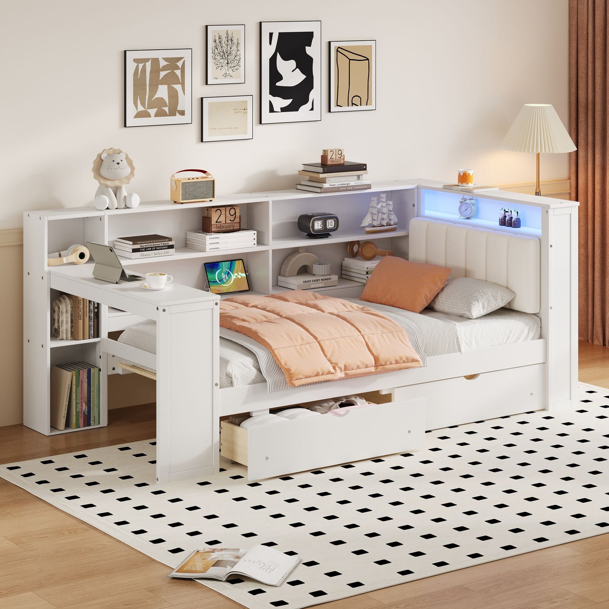 Platform Bed With Upholstered Headboard, Storage Shelves, Drawers, Charging Station, LED Lighting, Built In Desk - The Sleep Loft - Online Mattress Showroom NYC