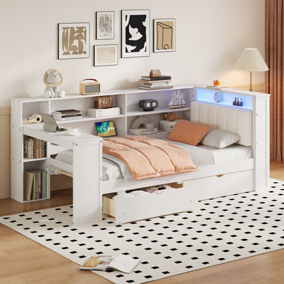 Platform Bed With Upholstered Headboard, Storage Shelves, Drawers, Charging Station, LED Lighting, Built In Desk - The Sleep Loft - Online Mattress Showroom NYC