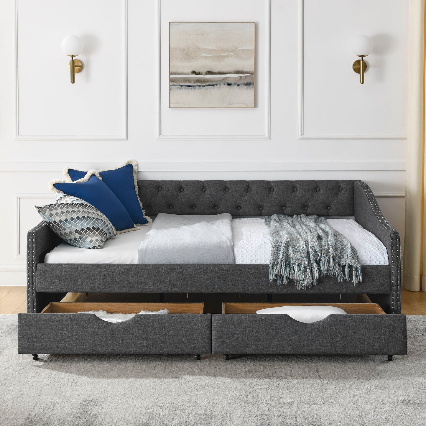 Upholstered Tufted Daybed With Drawers, Waved Arms - The Sleep Loft - Online Mattress Showroom NYC