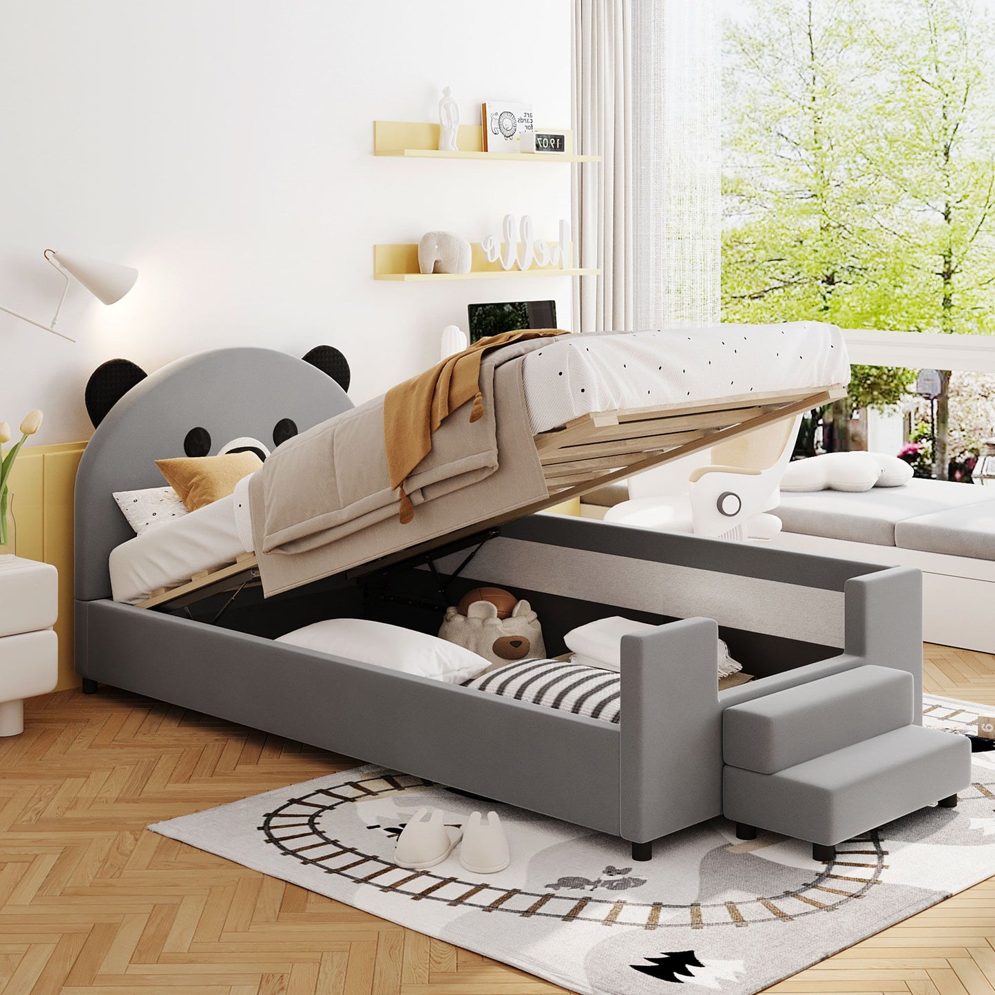 Upholstered Daybed With Bear Shaped Headboard, Hydraulic System And Breathable Fence - The Sleep Loft - Online Mattress Showroom NYC
