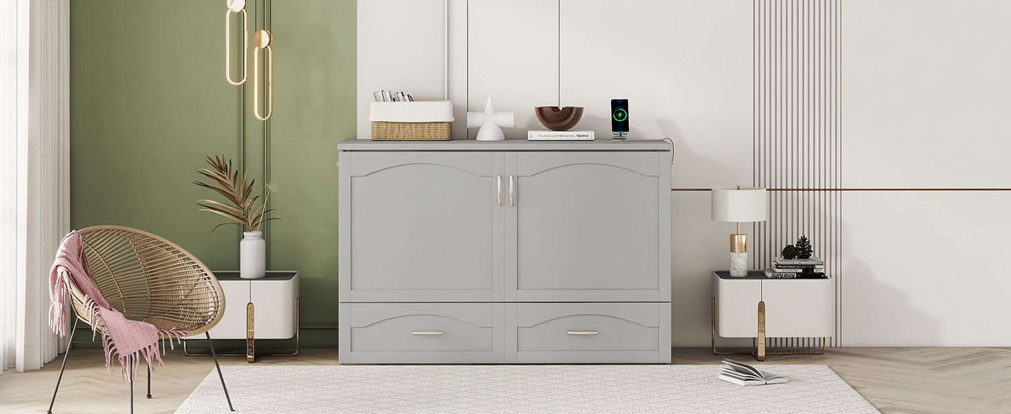 Murphy Wall Bed With Drawer And A Set Of Sockets & USB Ports, Pulley Structure Design - The Sleep Loft - Online Mattress Showroom NYC