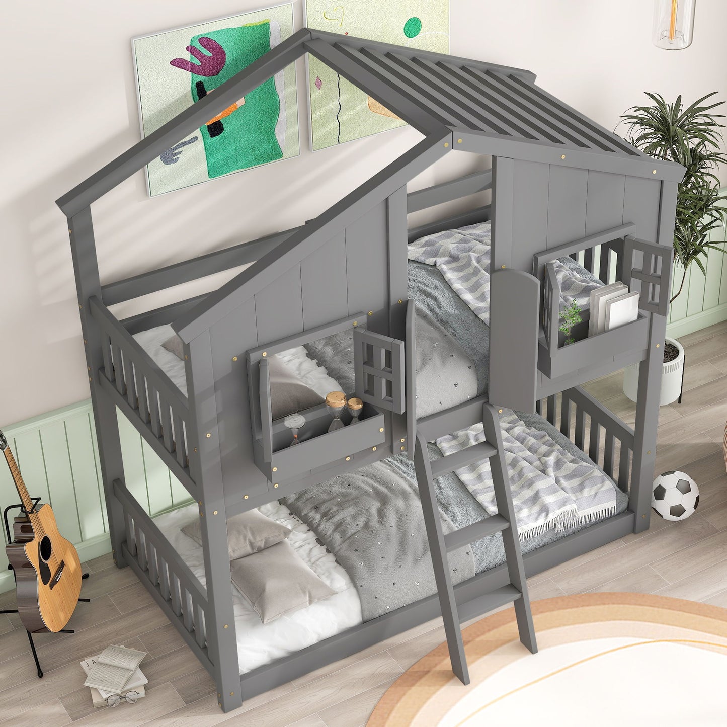 House Bunk Bed With Roof, Window, Window Box, Door, With Safety Guardrails And Ladder - The Sleep Loft - Online Mattress Showroom NYC