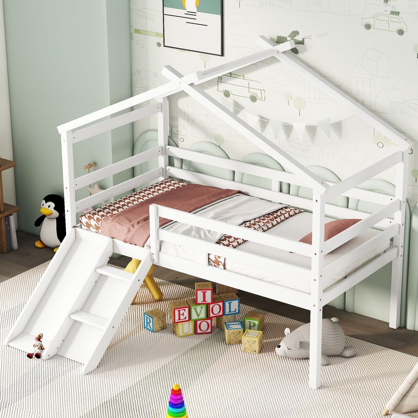 Low Loft House Bed With Slide, Ladder, Safety Guardrails, House Roof Frame - The Sleep Loft - Online Mattress Showroom NYC