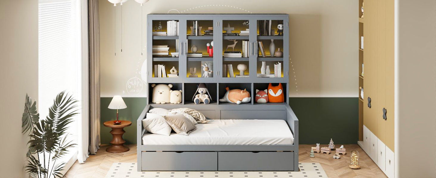 Daybed With Glass Door Storage Cabinets, Built In LED Lighting And Shelves - The Sleep Loft - Online Mattress Showroom NYC