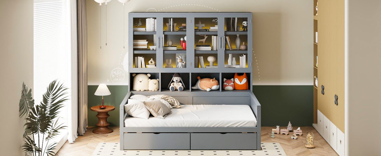Daybed With Glass Door Storage Cabinets, Built In LED Lighting And Shelves - The Sleep Loft - Online Mattress Showroom NYC