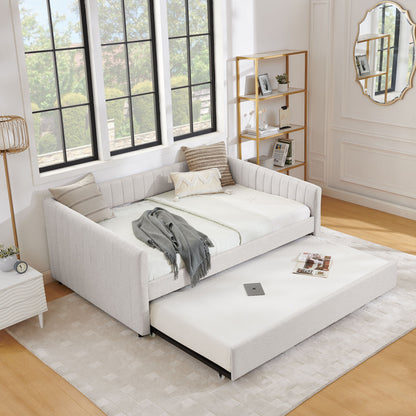 Upholstered Daybed With Trundle With Vertical Stripes - The Sleep Loft - Online Mattress Showroom NYC