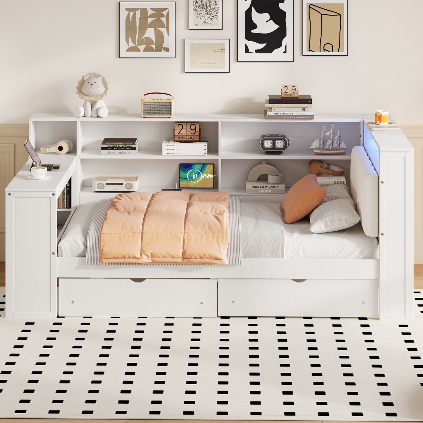 Platform Bed With Upholstered Headboard, Storage Shelves, Drawers, Charging Station, LED Lighting, Built In Desk - The Sleep Loft - Online Mattress Showroom NYC