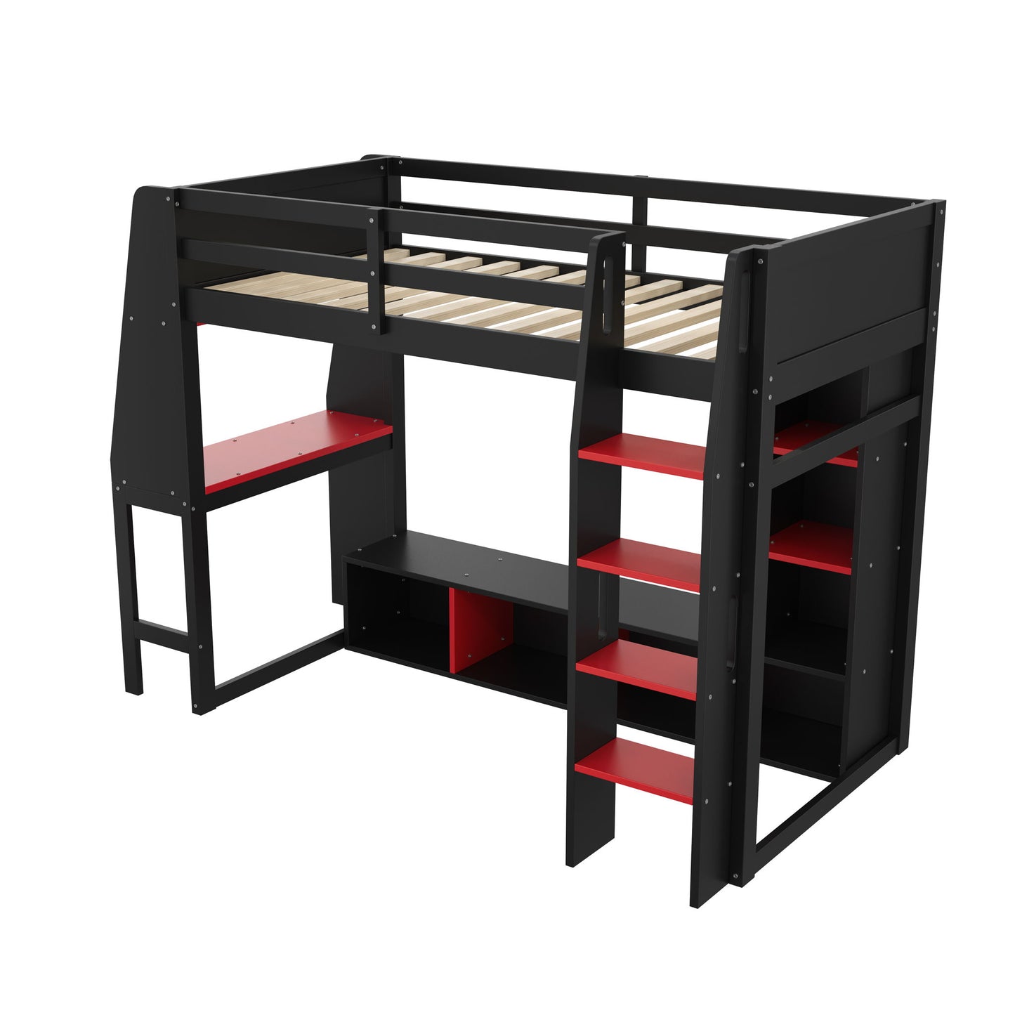 Gaming Loft Bed With Desk, Multi Storage Shelves, LED Lighting, And Hanging Clothes Rack - The Sleep Loft - Online Mattress Showroom NYC