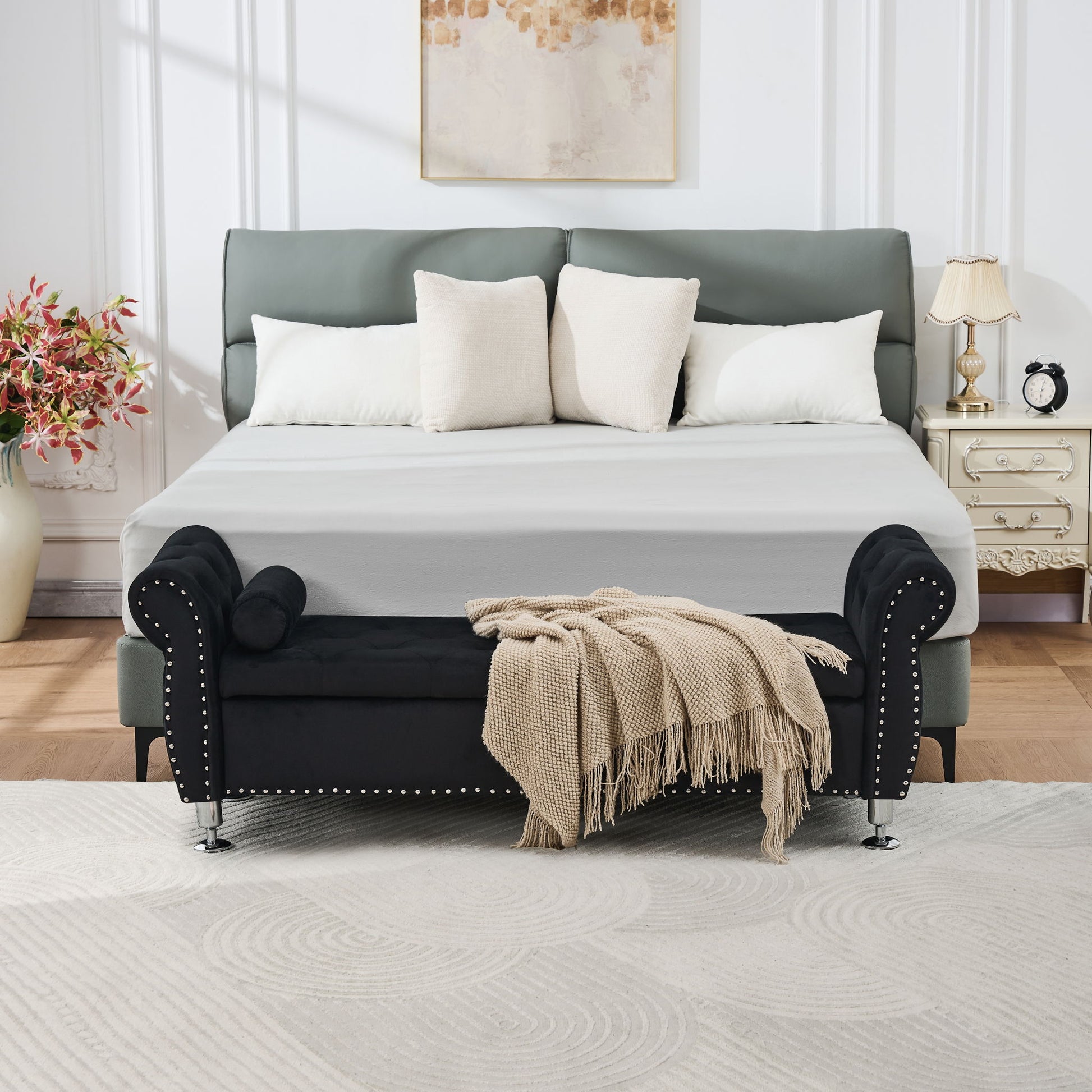 Storage Bench With Crystal Buttons And 1 Pillow For Bedroom - The Sleep Loft - Online Mattress Showroom NYC