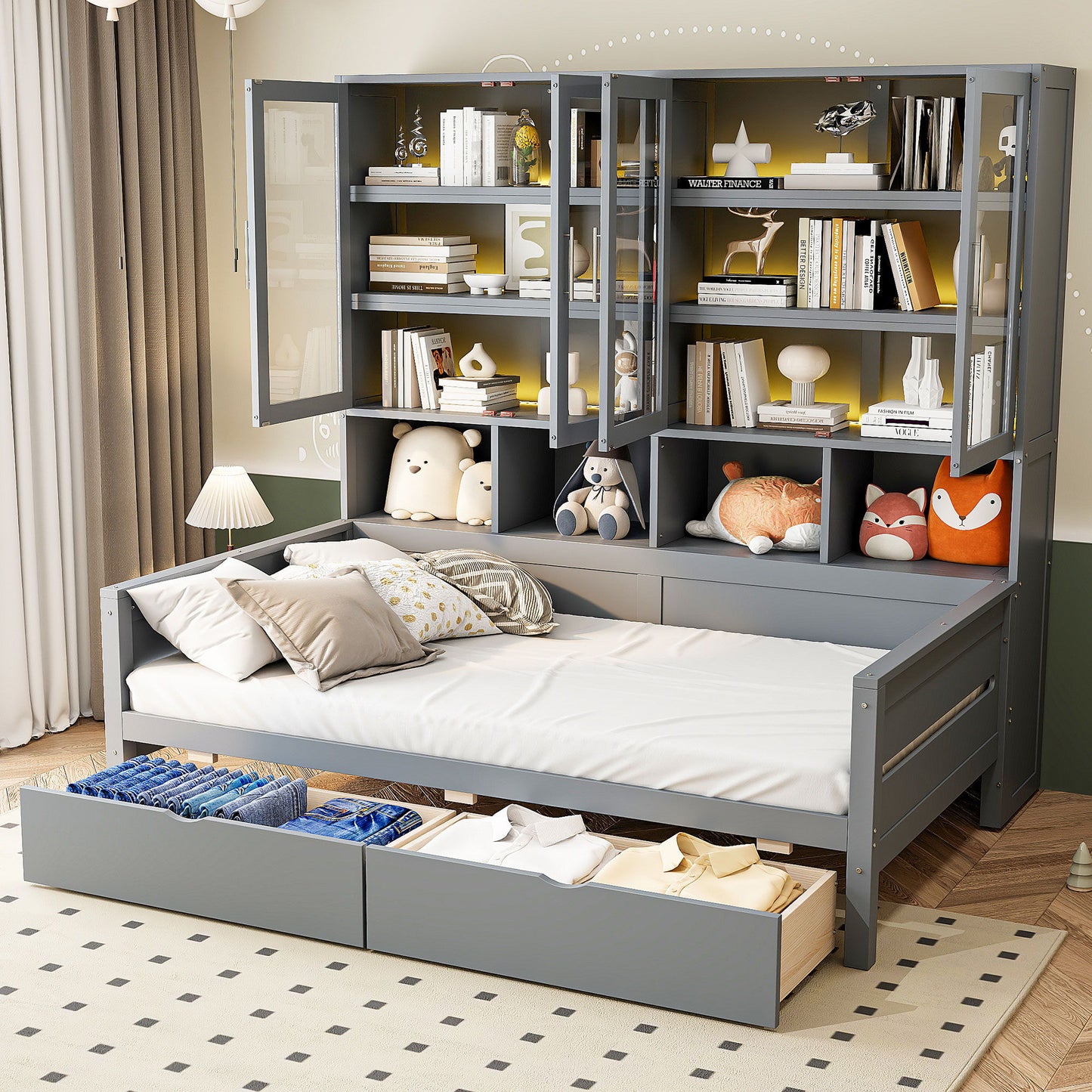 Daybed With Glass Door Storage Cabinets, Built In LED Lighting And Shelves - The Sleep Loft - Online Mattress Showroom NYC