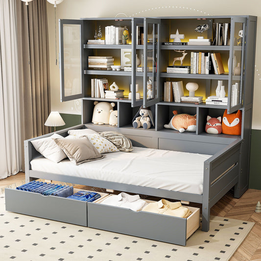 Daybed With Glass Door Storage Cabinets, Built In LED Lighting And Shelves - The Sleep Loft - Online Mattress Showroom NYC