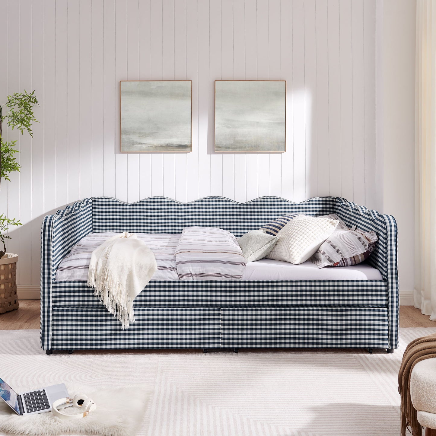 Gingham Daybed With USB Charging Port, Wave-Shaped Design - The Sleep Loft - Online Mattress Showroom NYC