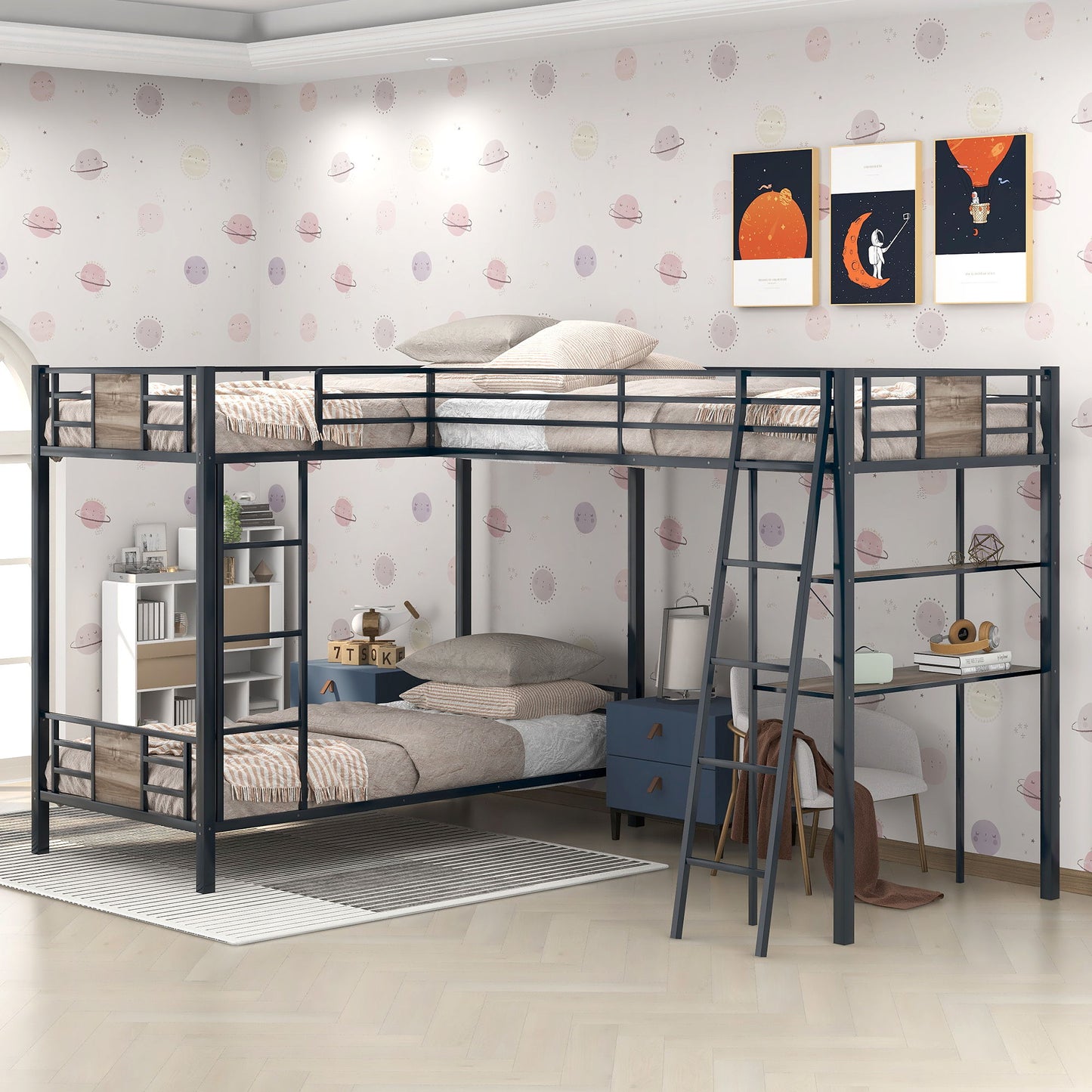 L-Shaped Twin Over Twin Bunk Bed With Twin Size Loft Bed With Desk And Shelf - Brown - The Sleep Loft - Online Mattress Showroom NYC