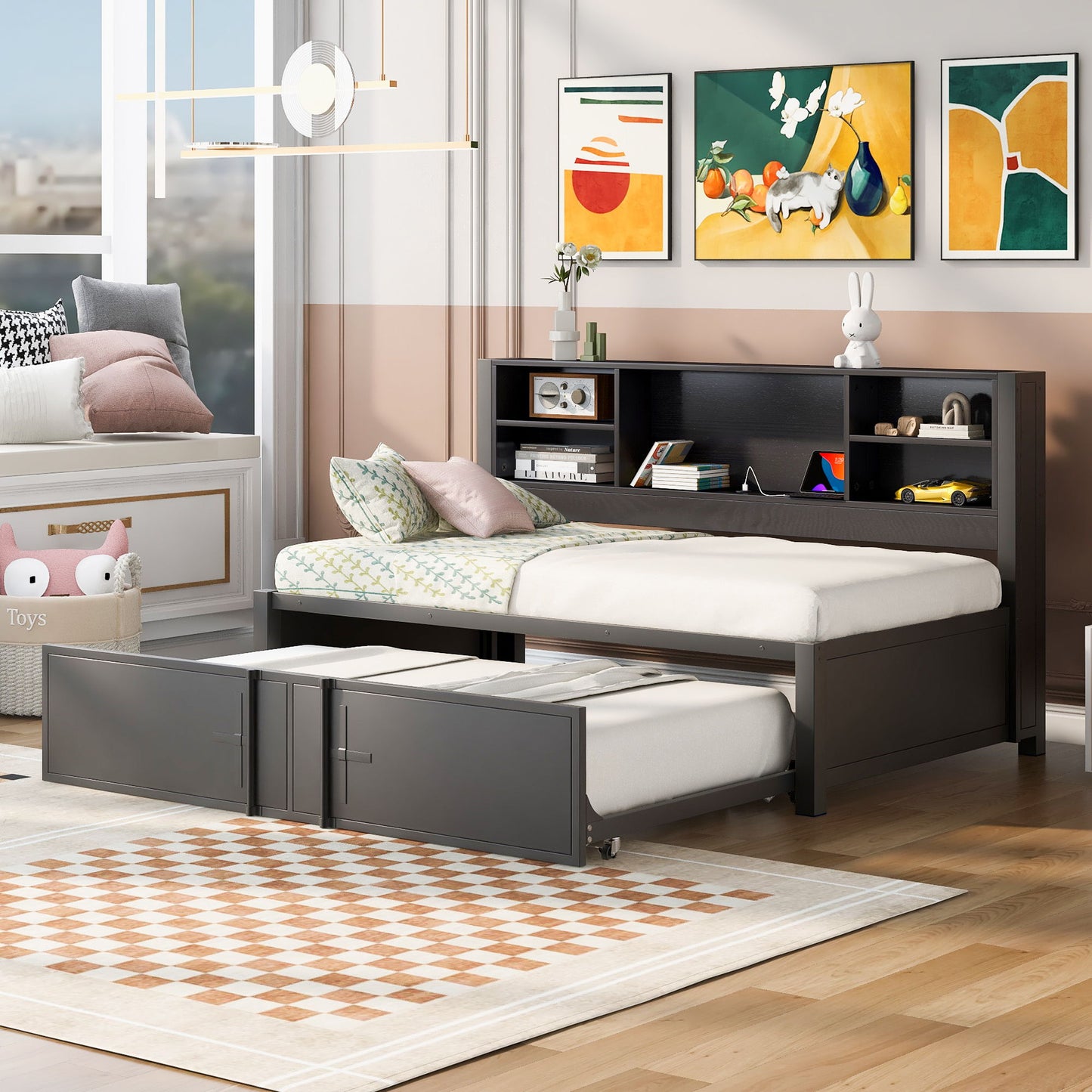 Industrial Metal Daybed With Trundle, Storage Shelves, USB Ports - The Sleep Loft - Online Mattress Showroom NYC