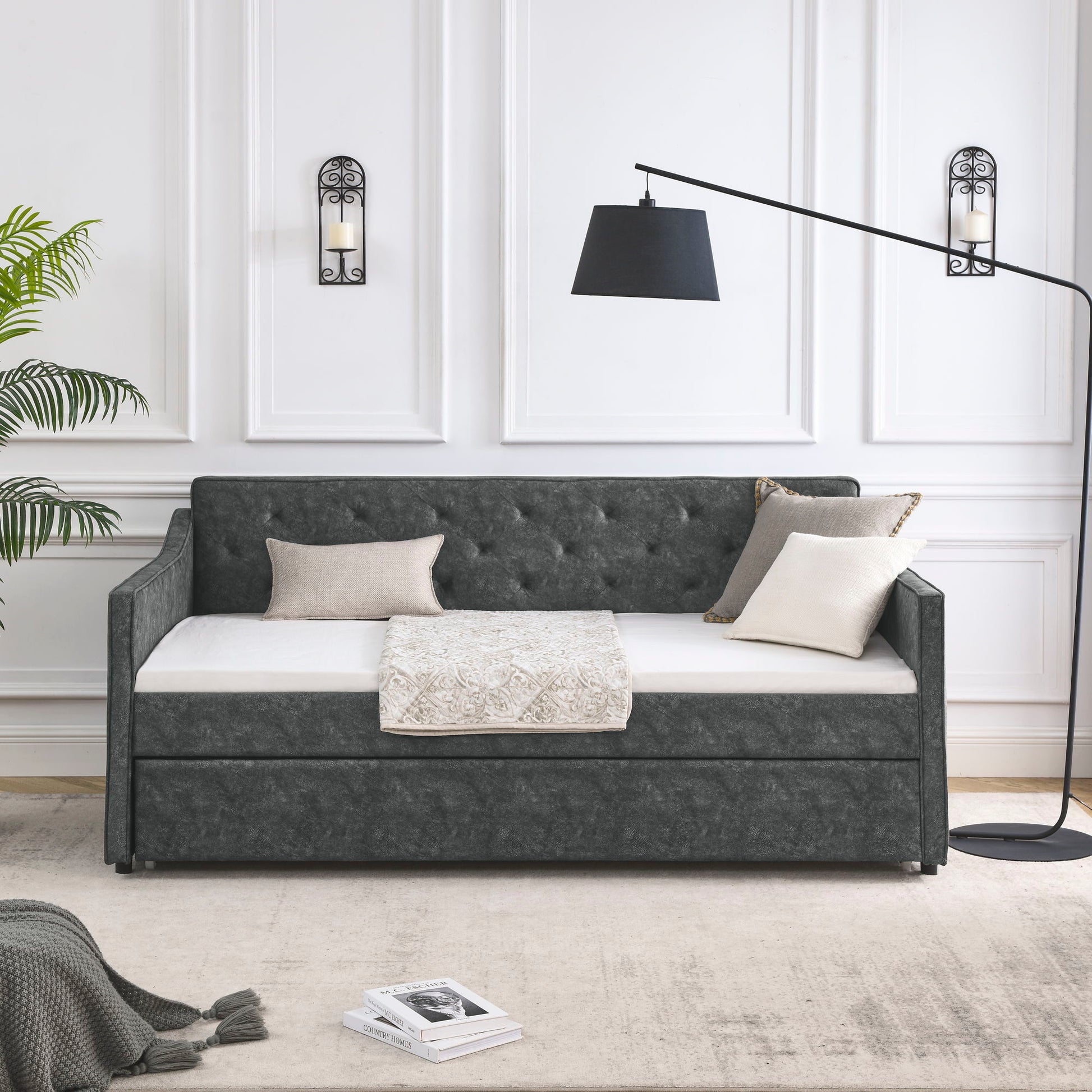 Twin Upholstered Daybed With Trundle, Waved Arms - Gray - The Sleep Loft - Online Mattress Showroom NYC