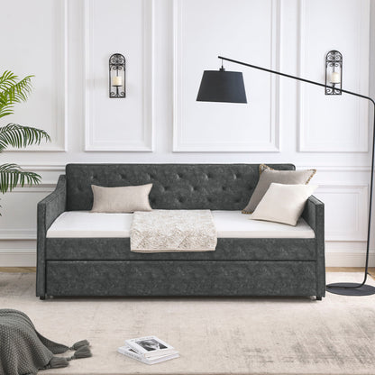 Twin Upholstered Daybed With Trundle, Waved Arms - Gray - The Sleep Loft - Online Mattress Showroom NYC