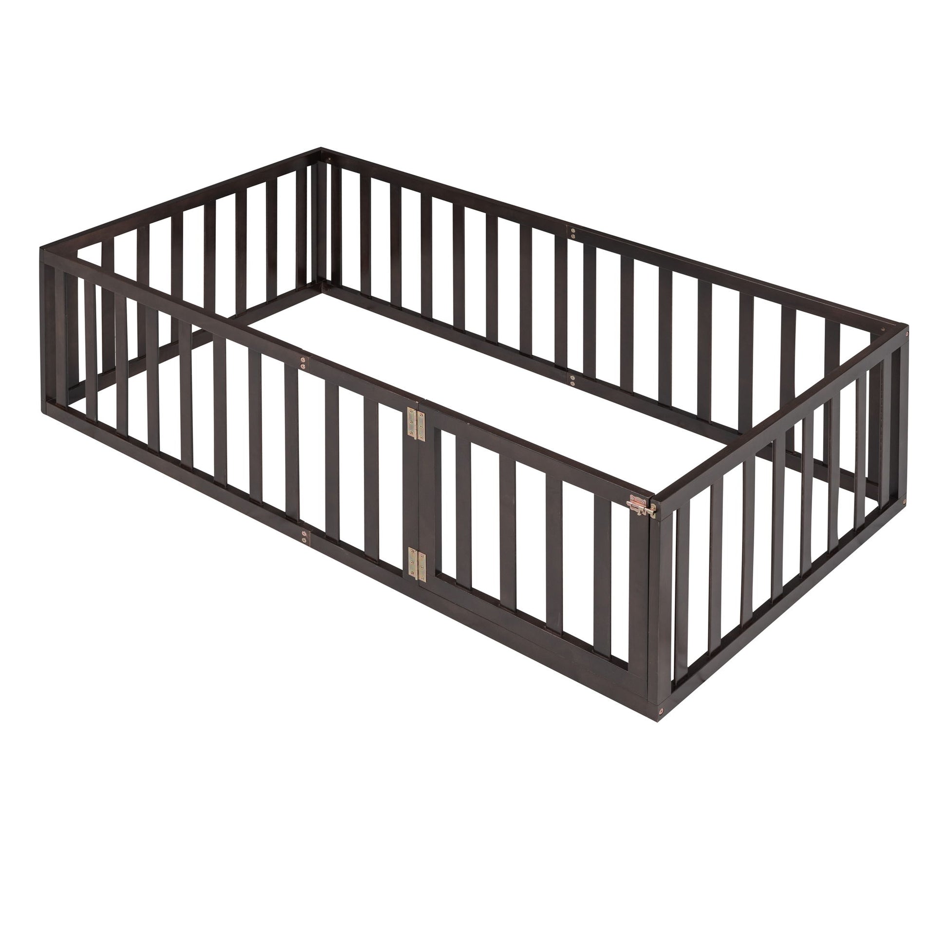 Twin Size Floor Bed Frame With Fence And Door - Walnut - The Sleep Loft - Online Mattress Showroom NYC