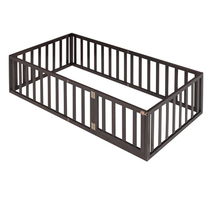 Twin Size Floor Bed Frame With Fence And Door - Walnut - The Sleep Loft - Online Mattress Showroom NYC