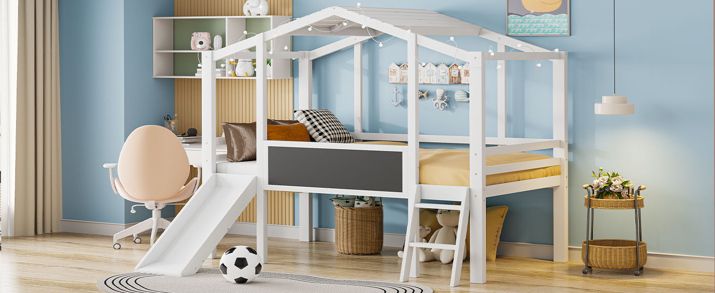 Loft House Bed With Ladder And Slide, With board And Light Strip On The Roof - The Sleep Loft - Online Mattress Showroom NYC