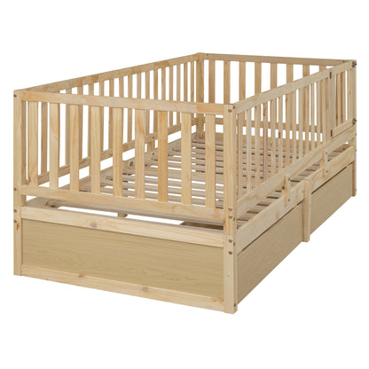 Daybed With Fence Guardrails And 2 Drawers, Split Into Independent Floor Bed & Daybed - The Sleep Loft - Online Mattress Showroom NYC
