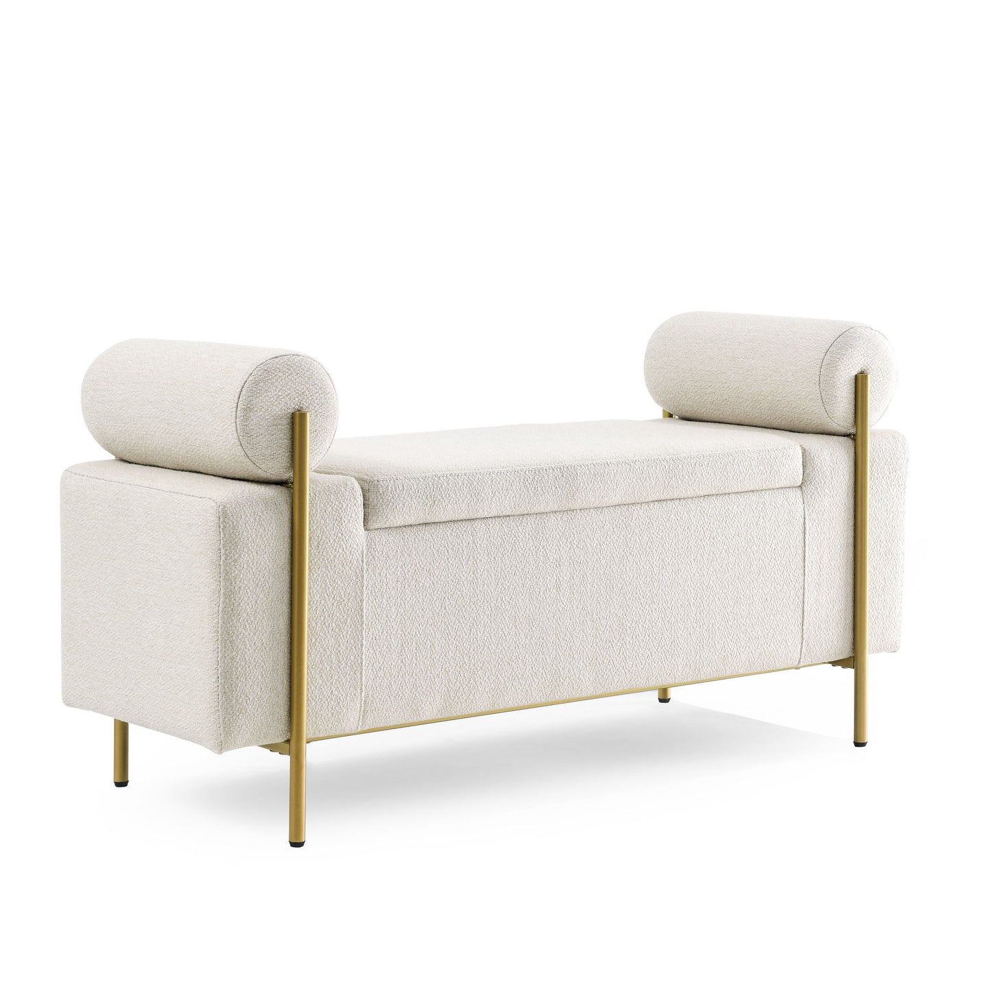 Elegant Upholstered Storage Bench With Cylindrical Arms And Iron Legs, - The Sleep Loft - Online Mattress Showroom NYC