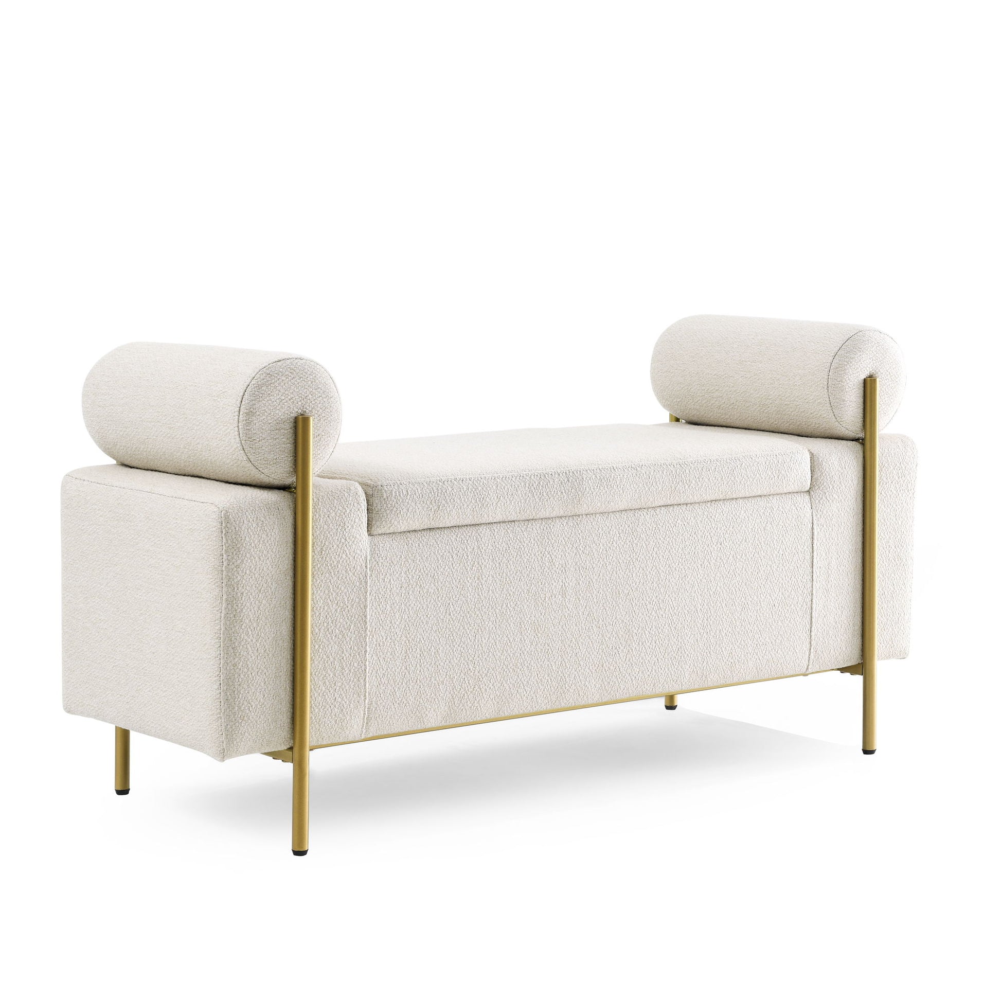 Elegant Upholstered Storage Bench With Cylindrical Arms And Iron Legs, - The Sleep Loft - Online Mattress Showroom NYC