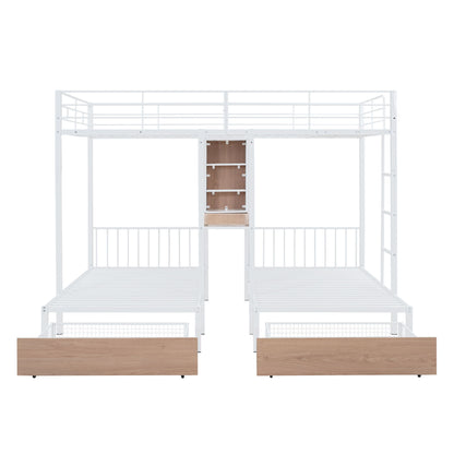 Triple Bunk Bed With Drawers, Multi-Functional Frame With Desks And Shelves In The Middle - The Sleep Loft - Online Mattress Showroom NYC