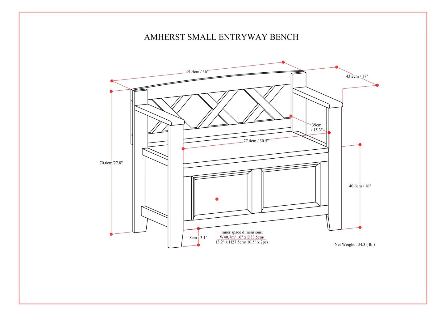 Amherst - Small Transitional Entryway Storage Bench - The Sleep Loft - Online Mattress Showroom NYC