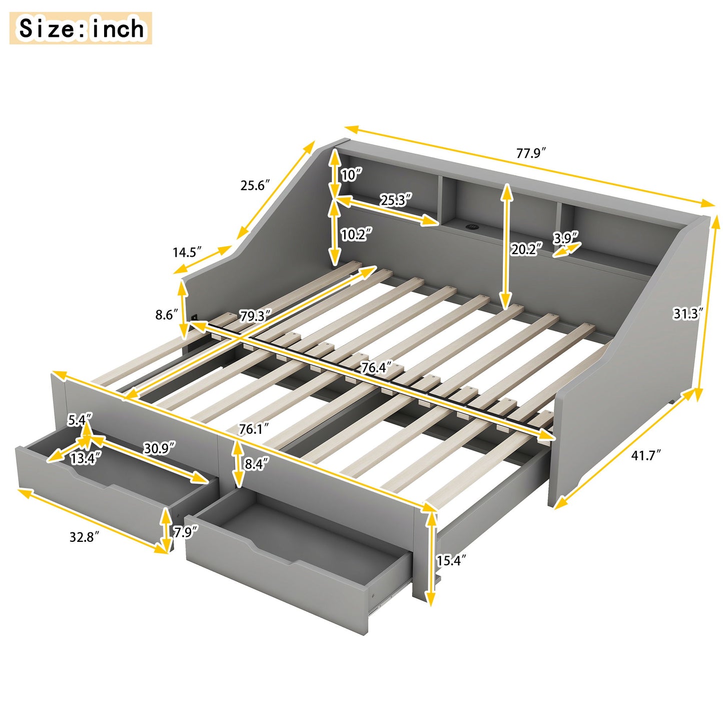 Daybed Frame With Storage Bookcases, 2 Drawers, Charging Station - The Sleep Loft - Online Mattress Showroom NYC