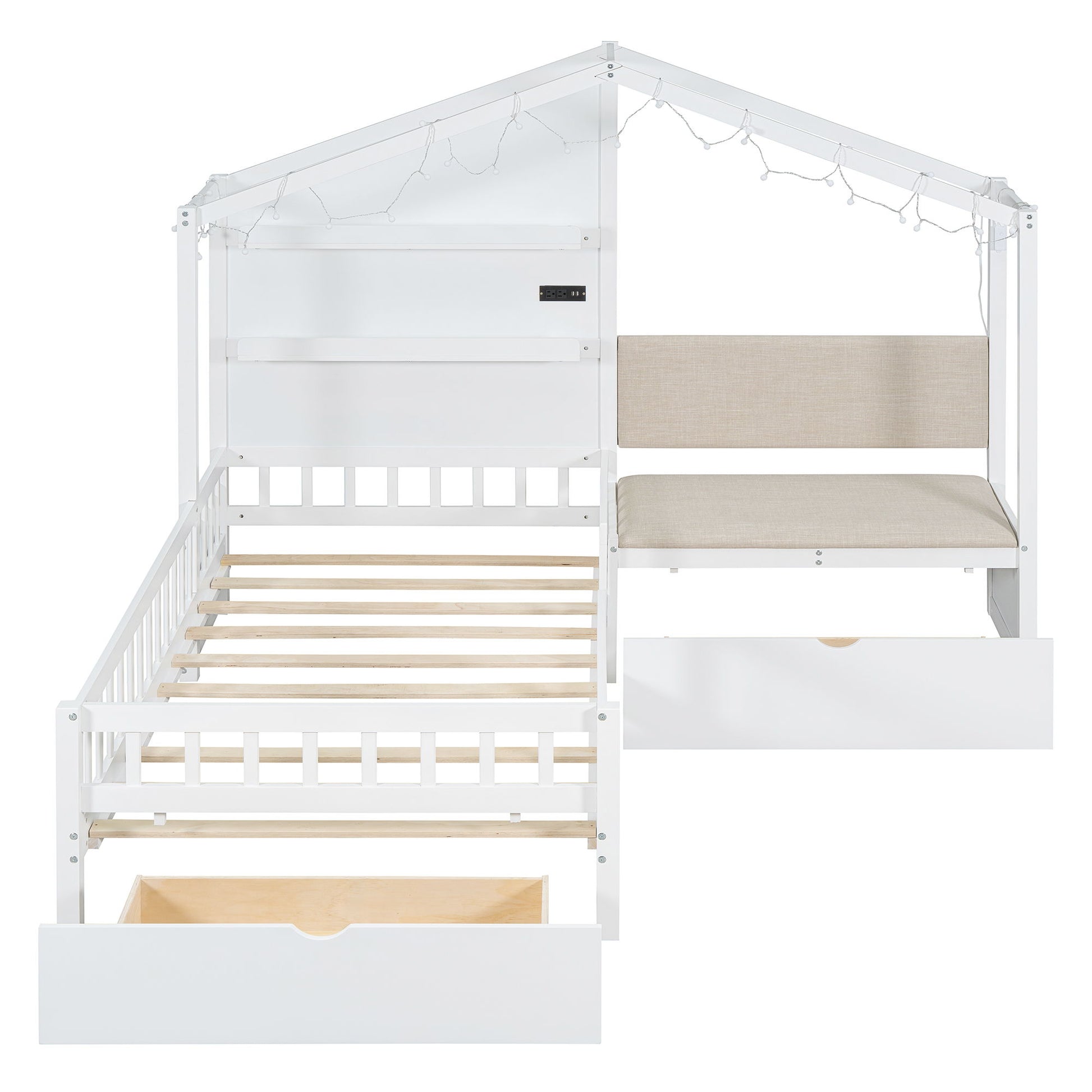 House Bed With Upholstered Sofa, Wireless Charging Station, Shelves And 2 Drawers - The Sleep Loft - Online Mattress Showroom NYC