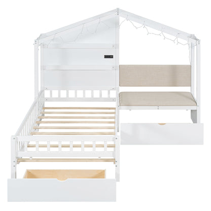 House Bed With Upholstered Sofa, Wireless Charging Station, Shelves And 2 Drawers - The Sleep Loft - Online Mattress Showroom NYC