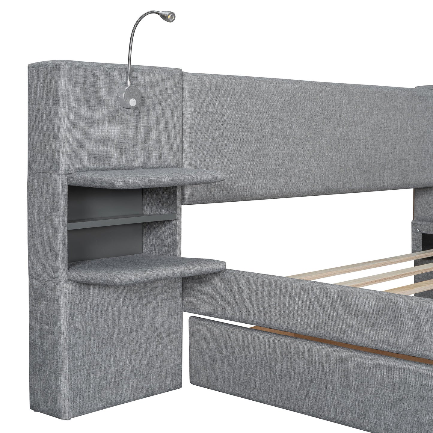 Upholstered Platform Bed With Reading Lights, Drawers, Trundle And Shelves - The Sleep Loft - Online Mattress Showroom NYC