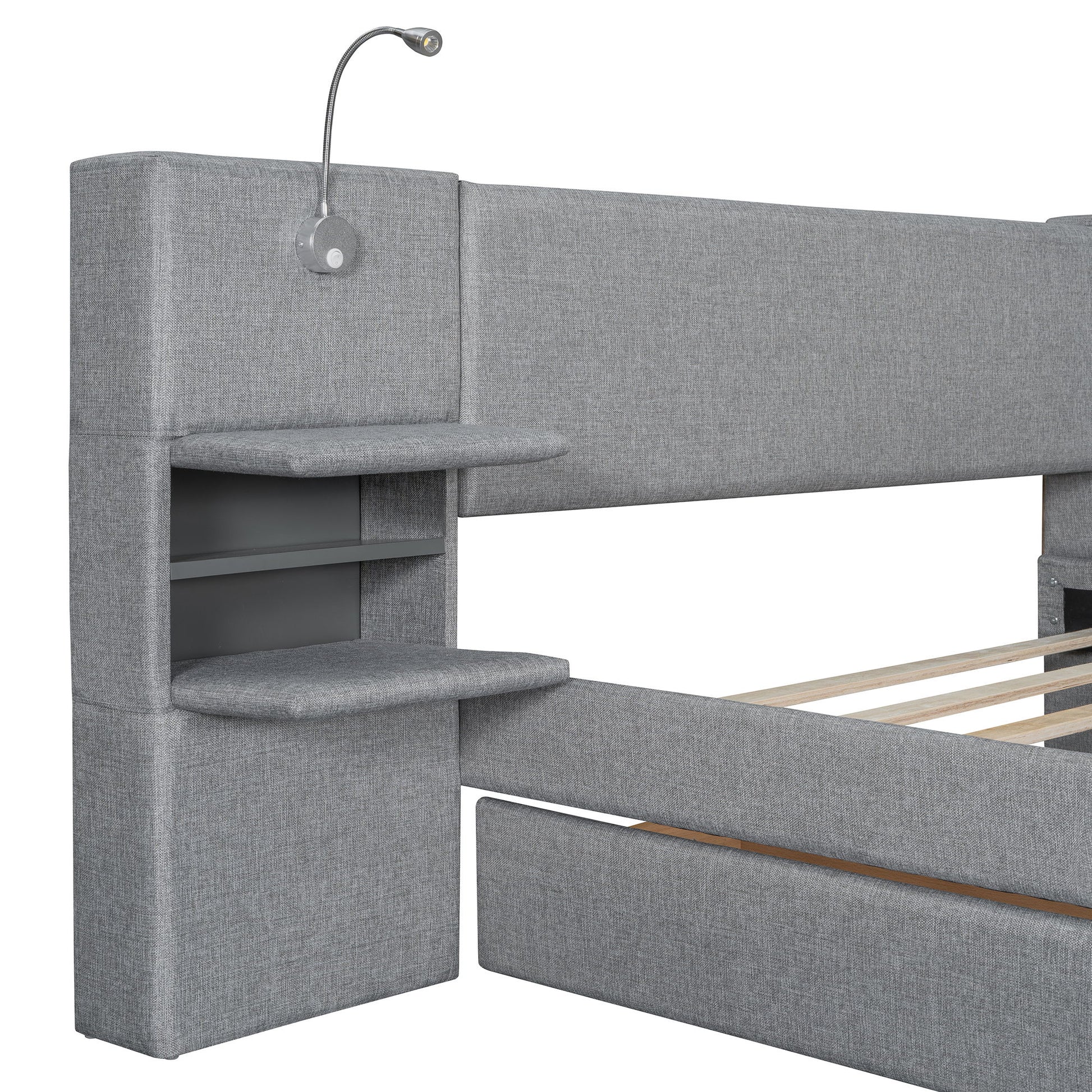 Upholstered Platform Bed With Reading Lights, Drawers, Trundle And Shelves - The Sleep Loft - Online Mattress Showroom NYC