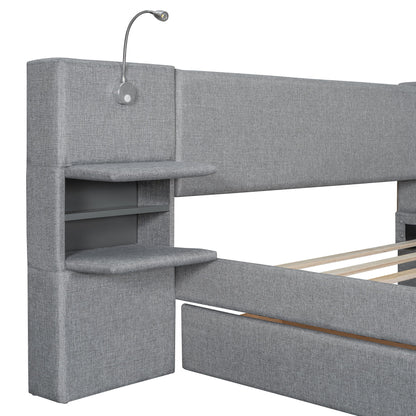 Upholstered Platform Bed With Reading Lights, Drawers, Trundle And Shelves - The Sleep Loft - Online Mattress Showroom NYC