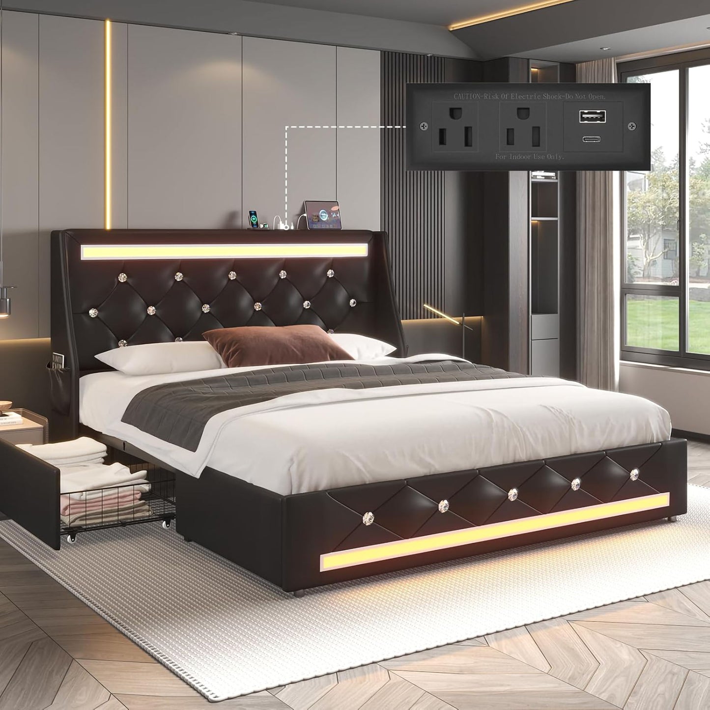 Wingback Upholstered Bed Frame With LED Lights, Charging Station - The Sleep Loft - Online Mattress Showroom NYC
