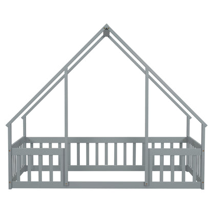 Wood House-Shaped Floor Bed With Fence, Guardrails - The Sleep Loft - Online Mattress Showroom NYC