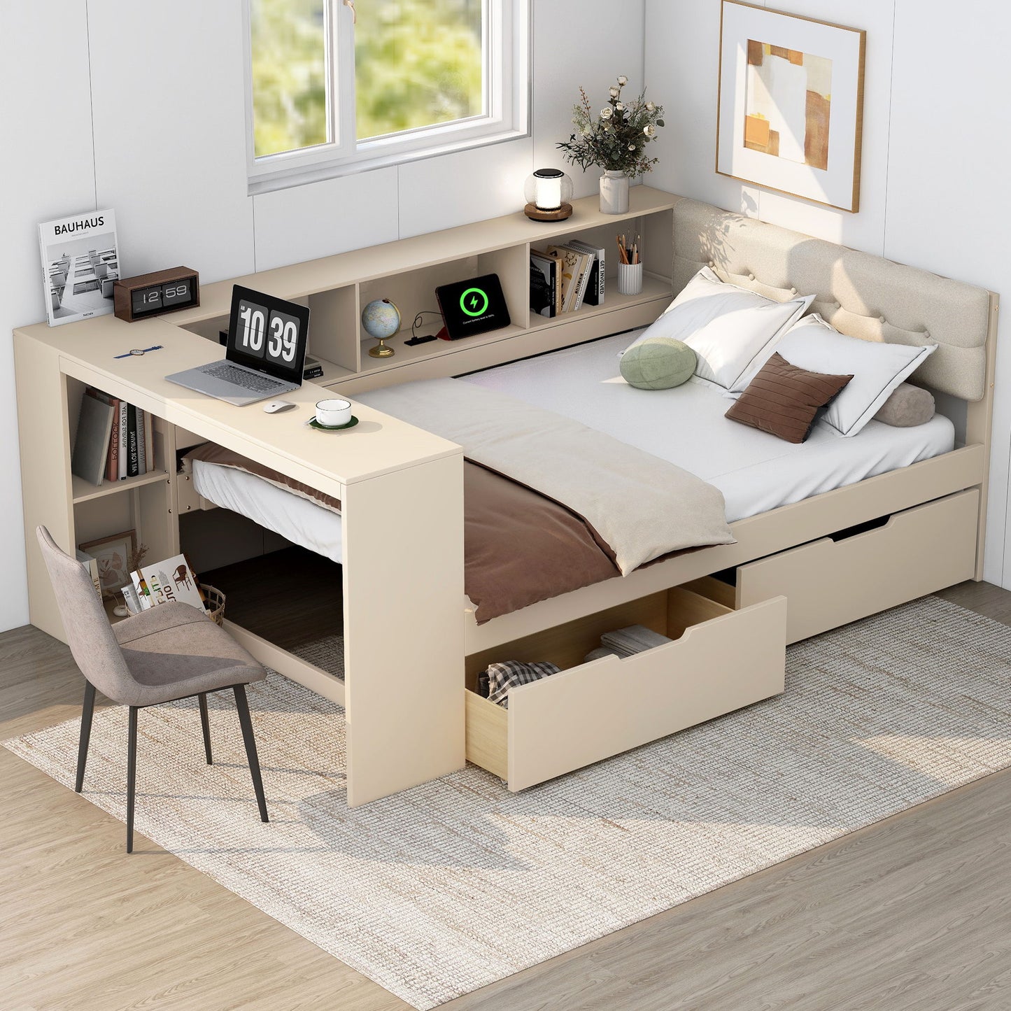 Upholstered Headboard Platform Bed With Storage Shelves, Drawers, Charging Station - The Sleep Loft - Online Mattress Showroom NYC