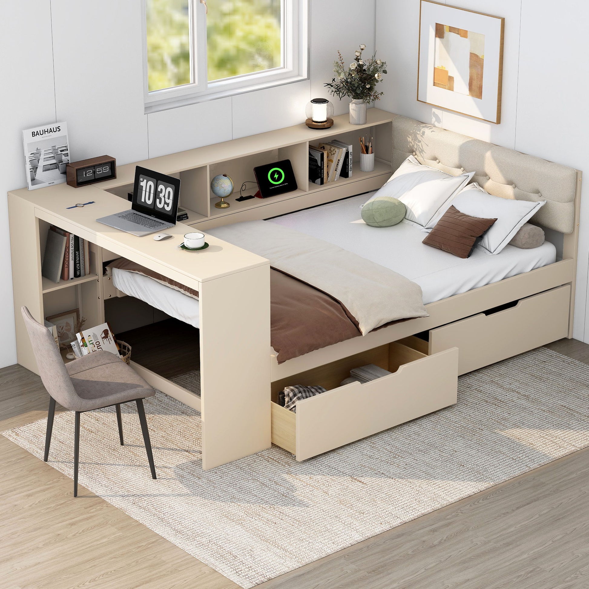 Upholstered Headboard Platform Bed With Storage Shelves, Drawers, Charging Station - The Sleep Loft - Online Mattress Showroom NYC