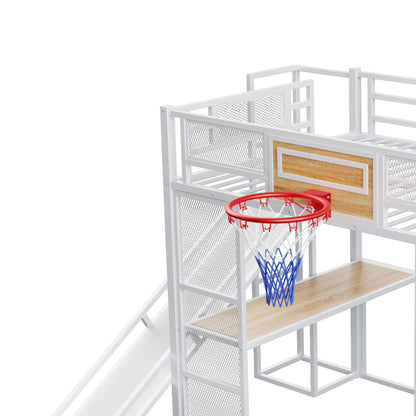 Loft Bed With Built In Desk, Open Wardrobe, Basketball Hoop, Slide And Staircase - The Sleep Loft - Online Mattress Showroom NYC
