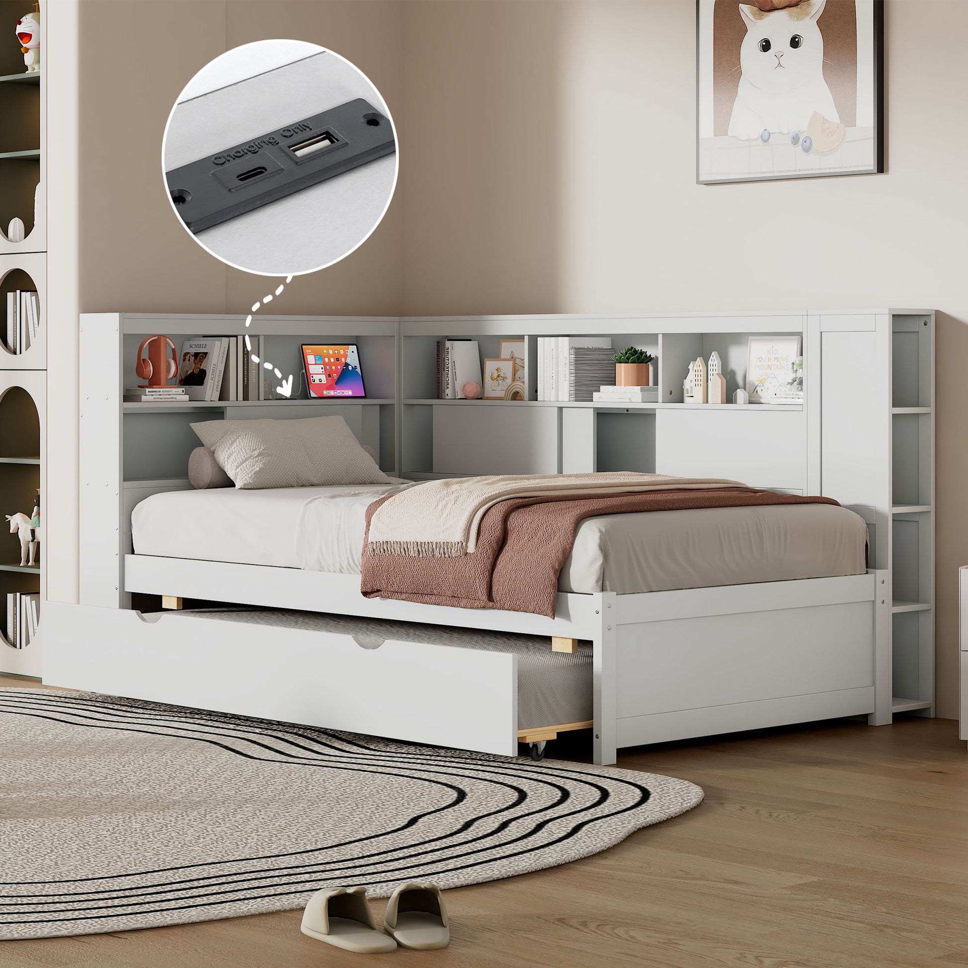 Daybed With Storage Shelves, USB Charging, And Trundle Bed - The Sleep Loft - Online Mattress Showroom NYC