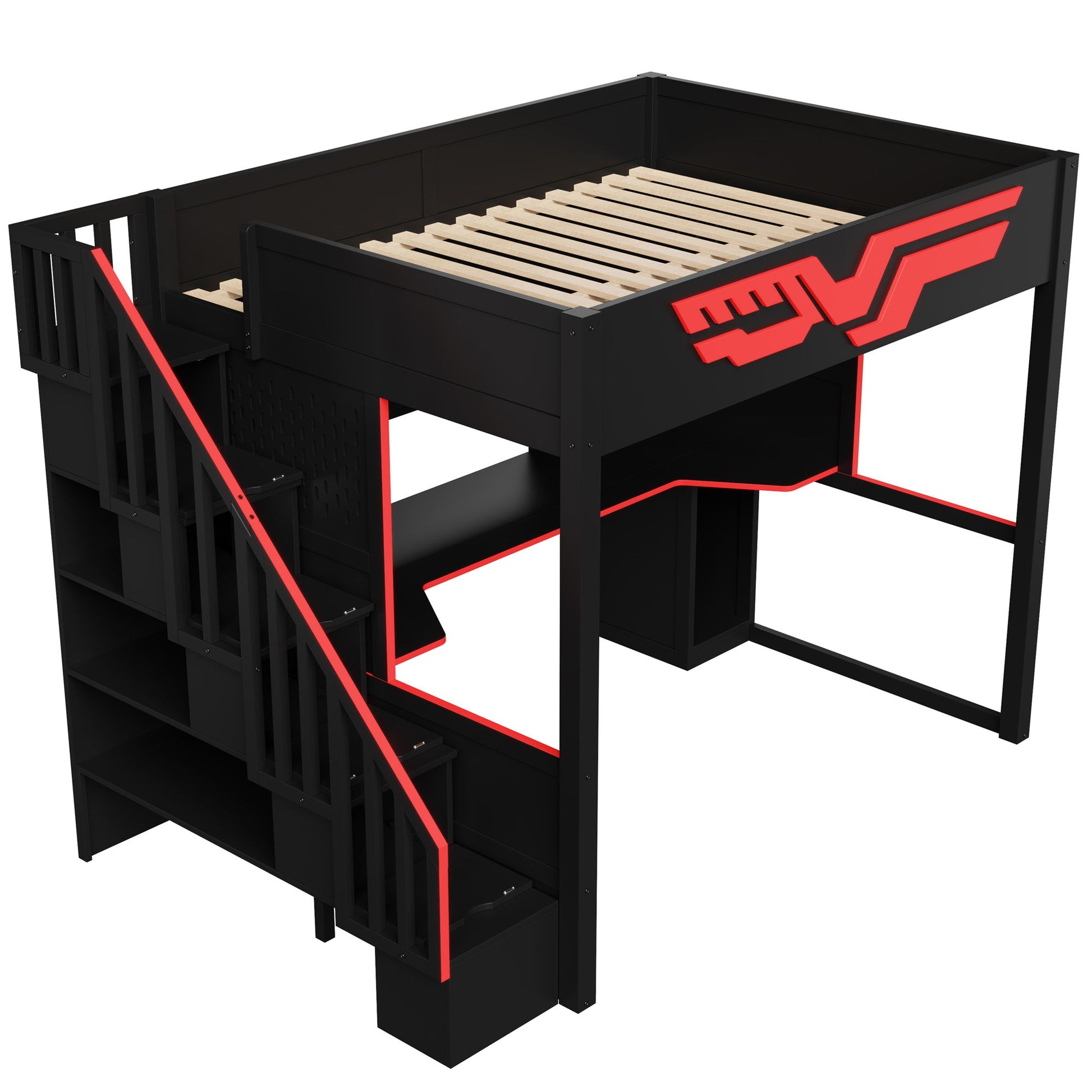 Full Gaming Loft Bed With Desk And Storage Staircase, LED Lights And USB - Red / Black - The Sleep Loft - Online Mattress Showroom NYC