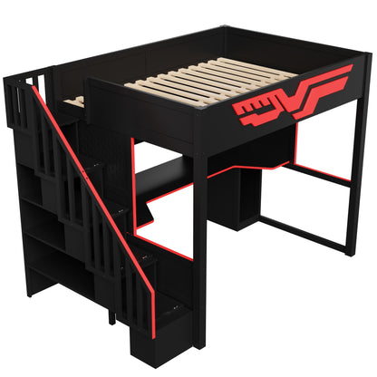 Full Gaming Loft Bed With Desk And Storage Staircase, LED Lights And USB - Red / Black - The Sleep Loft - Online Mattress Showroom NYC