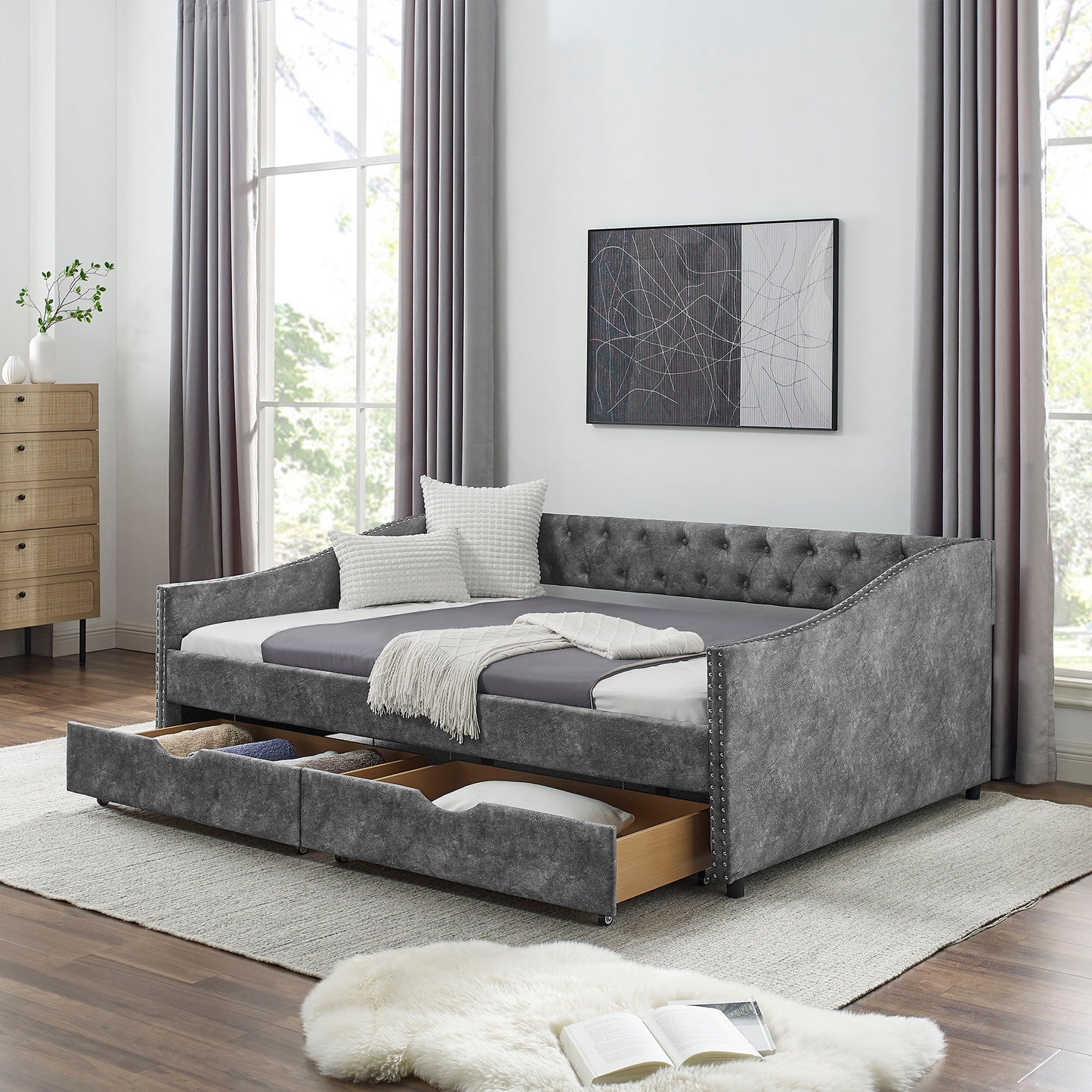 Upholstered Tufted Daybed With Drawers, Waved Arms - The Sleep Loft - Online Mattress Showroom NYC
